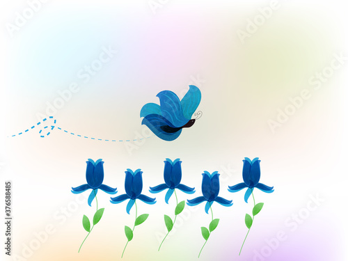 Butterfly flying on blue flowers logo vector image