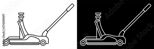 Hydraulic car jack on wheels. Car belt in repair shops. Increased lift. Lifting transport to change wheels. Black and white vector