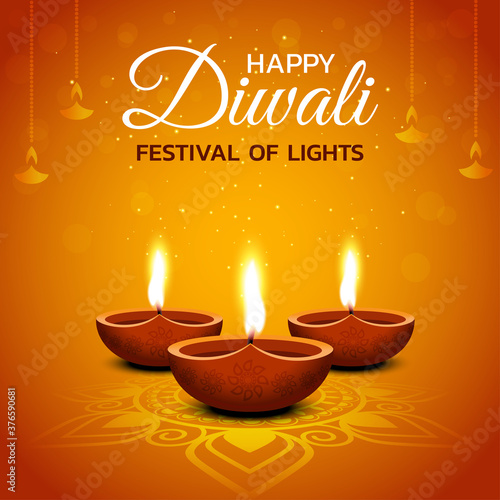 Happy diwali design with diya oil lamp elements on orange background.