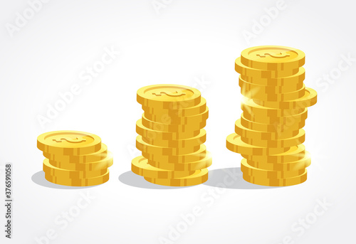 Stack of gold coins. falling gold coins. Golden coin with dollar sign. Growth, income, savings, investment. Business success. Flat style vector illustration. photo