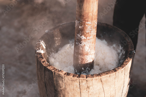 A tribal tradition that runs once a year is pounding Pook rice to preserve the tradition