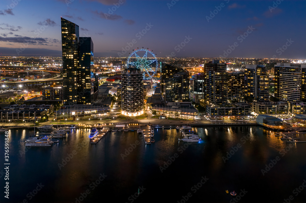 Aerial view of Melbourne docklands at sunset