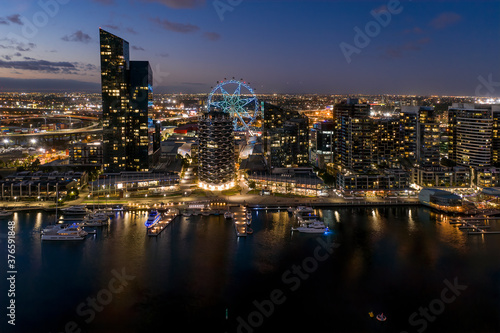 Aerial view of Melbourne docklands at sunset