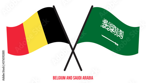 Belgium and Saudi Arabia Flags Crossed And Waving Flat Style. Official Proportion. Correct Colors.