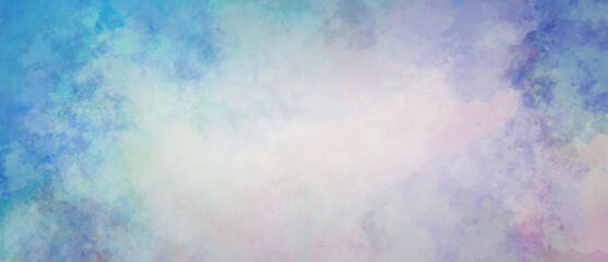 Blue green and white watercolor background painting with cloudy distressed texture and marbled grunge, soft purple lighting and pastel blue green colors
