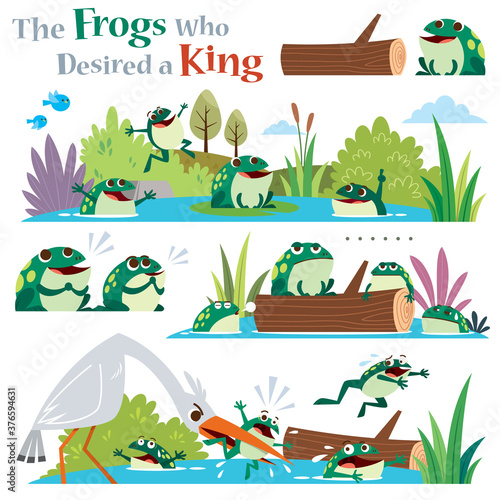 Vector Illustration of Cartoon characters The frogs who desired a king. Children's Fairy tale.