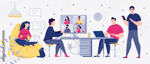 Freelance people work in comfortable conditions. Work at home coworking, space. Videoconference and online meeting. Self Employment Concept. Vector. Flat cartoon style. Illustration.