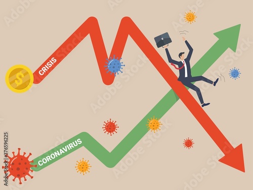 Coronavirus Crisis. Negative impact on trade market and global economy,  Entrepreneur investors fall on uncertainty, volatile down arrow profit chart.