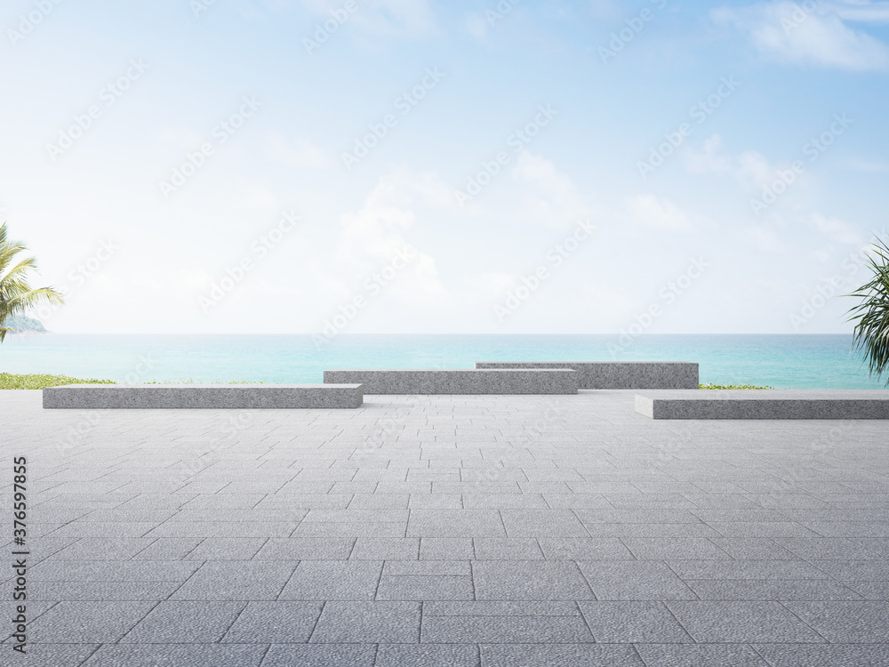 Gray concrete bench on empty outdoor terrace near garden in modern city park. Plaza 3d rendering with beach and sea view.