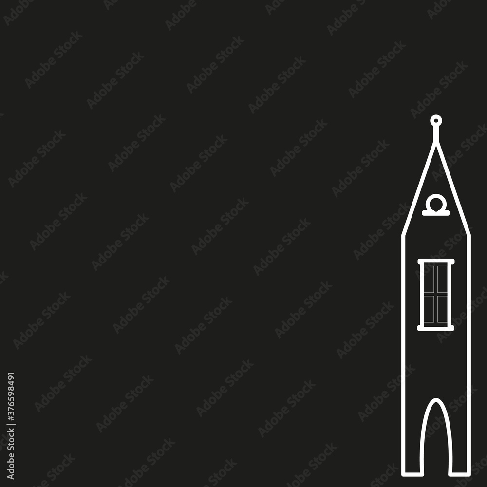 Isolated white house building and tower outline on black background. White contour vector illustration. Vector icon. Isolated white house building and tower outline on black background. White contour vector illustration. Vector icon.