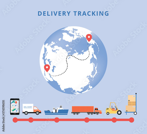 Delivery tracking banner with globe icon and transport flat vector illustration.