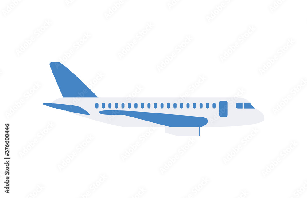 White passengers airplane with cartoon icon flat vector illustration isolated.