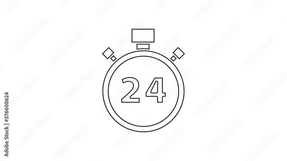 Black line Stopwatch 24 hours icon isolated on white background. All day cyclic icon. 24 hours service symbol. 4K Video motion graphic animation. Black line Stopwatch 24 hours icon isolated on white background. All day cyclic icon. 24 hours service symbol. 4K Video motion graphic animation.