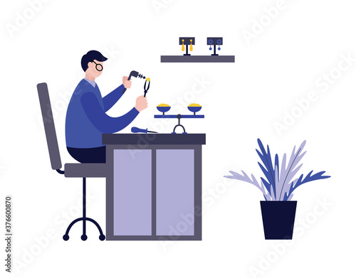 Professional jeweler man working in workplace flat style vector illustration.