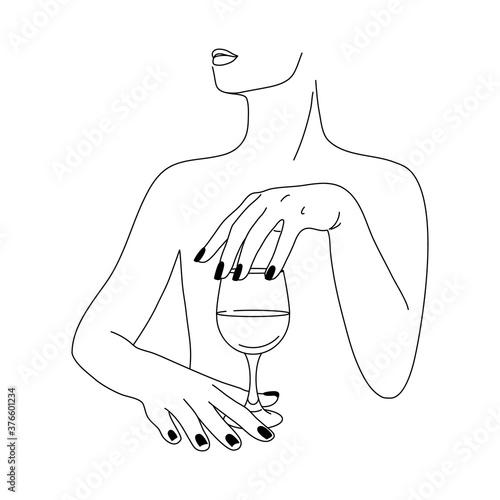 Woman and Wine Glass in a Minimalist Style . Vector Fashion Illustration of women's hands in a trendy linear style. Fine art for posters, tattoos, store and Bar logos