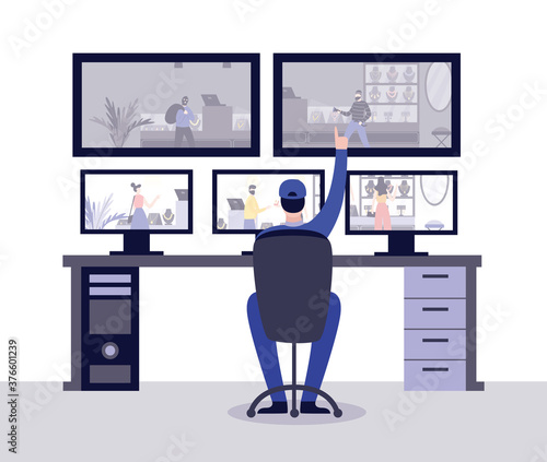 Security room of jewelry store with security guard flat vector illustration.