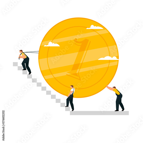 people lift the coin up the stairs. businessmen with money. vector illustration