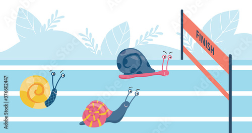 Humor caricature picture of snails speed race flat vector illustration.