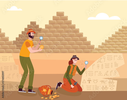 Vector illustration of scientists exploring Egyptian hieroglyphs.