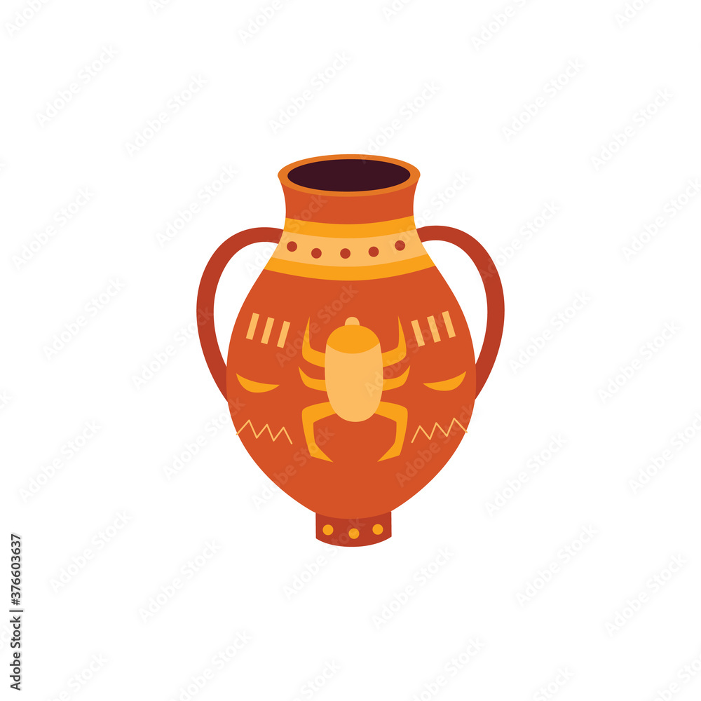 Egyptian ancient vase or pot with Scarab flat vector illustration isolated.