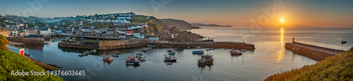 Panoramic view of the harbour at Mevagissey in Cornwall at sunrise photo