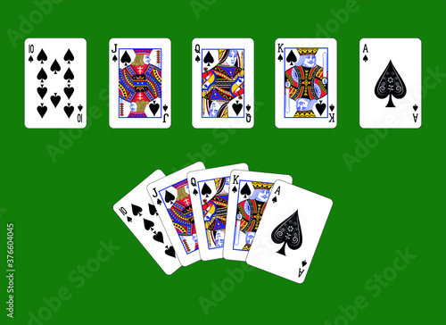 vector design and drawing fine and sharp of  spades playing cards with 10 J Q K A called Royal straight flush in Poker game