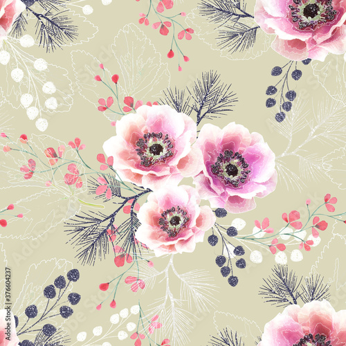 Seamless retro lovely floral pattern. Pink flowers, twigs on a beige background.