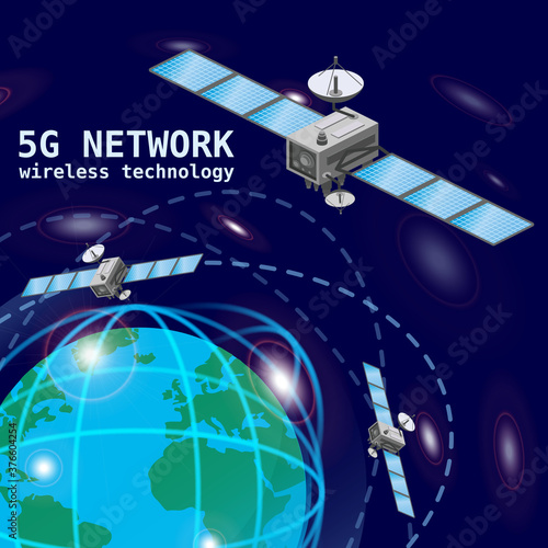 Global 5G internet network satellite communication. Satellites flying orbital upon Earth