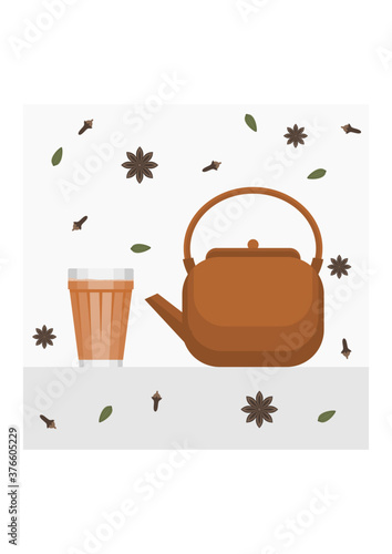Editable Indian or Pakistani Masala Chai Tea in A Glass Mug and Pottery Kettle Vector Illustration with Ingredients Pattern for Artwork Element of Beverages With South Asian Culture and Tradition