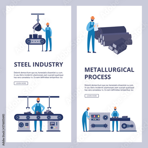 Metallurgical and steel industry posters or banners flat vector illustration.