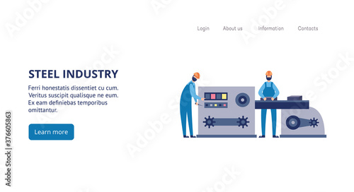 Steel industry banner with foundry factory workers casting metal