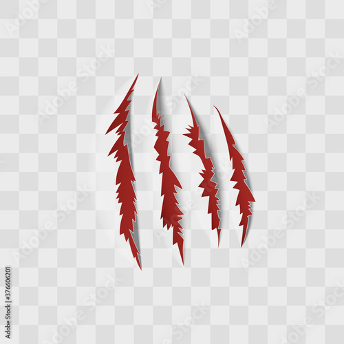 Red bloody animal claw scratches effect realistic vector illustration isolated.