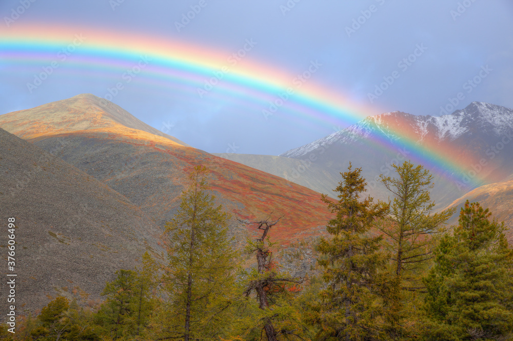 Beautiful rainbow over the mountains. Real rainbow photo. Natural background. Soft focus.