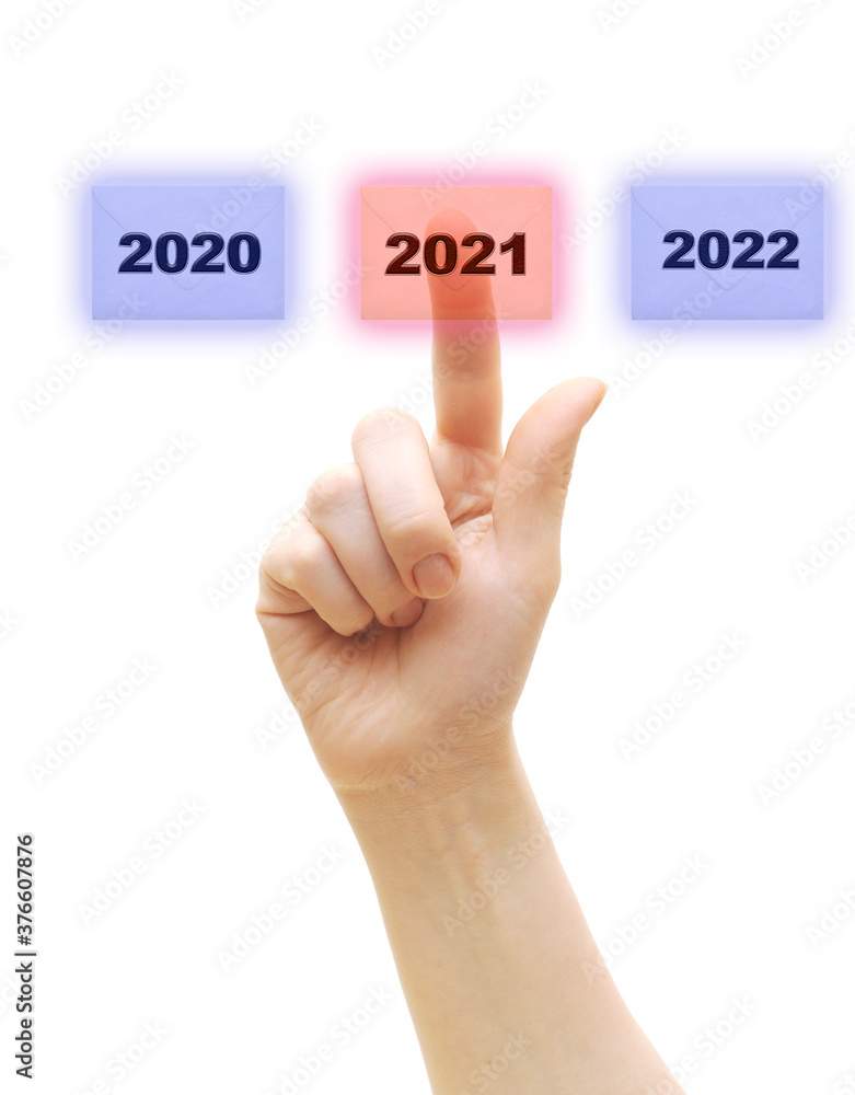 Female hand touching unread mail icon with number 2021over white background. Happy New Year concept Female hand touching unread mail icon with number 2021over white background. Happy New Year concept