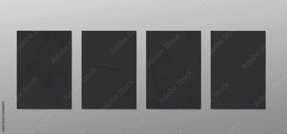 Obraz premium Set of black wrinkled crumpled posters or bills, realistic vector illustration.