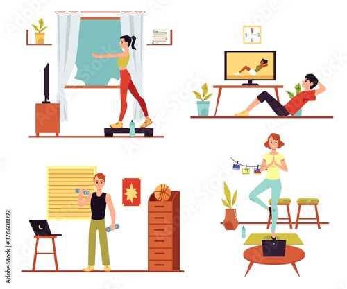 People training at home with online video tutorial - isolated cartoon set