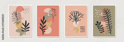 Abstract contemporary artistic cards, posters, prints. Home decoration, framed wall art with hand drawn trees in neutral terracota colors. Organic natural shapes. Vector EPS10 modern illustration