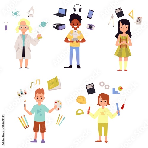 Set of children for STEAM education topic flat vector illustration isolated.