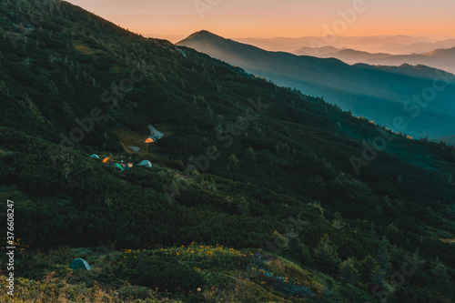 Ukrainian Carpathians, Montenegrin ridge, sunrise near the saddle of Montenegro, picturesque landscapes of Ukrainian mountains.