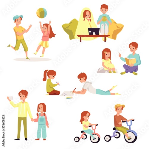 Set of brother and sister everyday hobbies a vector flat isolated illustrations