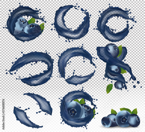 Juicy ripe blueberry with splash juice berry. Fresh blueberry from different angles. Smoothie or jam with blueberry. Wild summer blueberry. Illustration for your poster, banner. 3D vector icon.