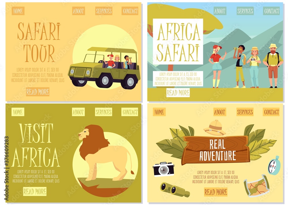 Set of website banners for African safari tour flat vector illustration.