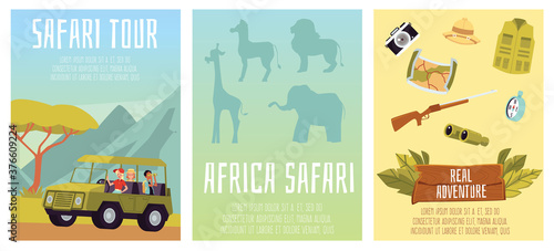 Set of posters for safari tour of african wildlife a vector flat illustrations