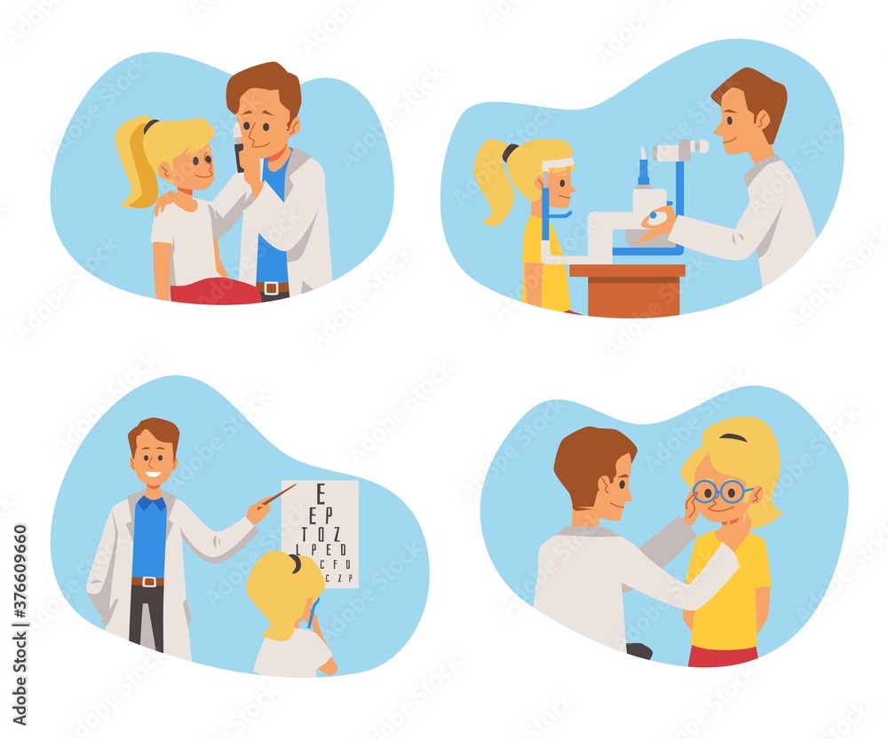 Set of banners with pediatric ophthalmologist flat vector illustration isolated. Set of banners with pediatric ophthalmologist flat vector illustration isolated.