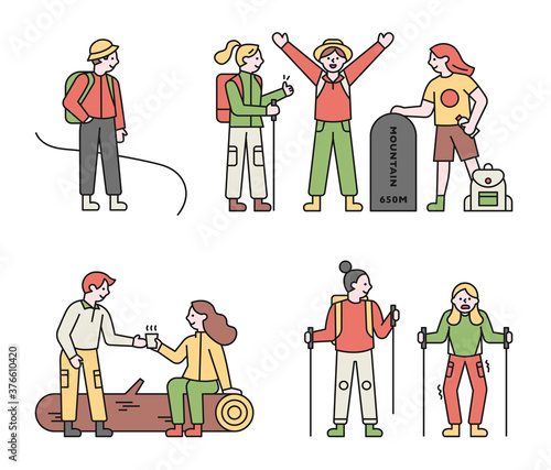 Many hiker characters. flat design style minimal vector illustration.