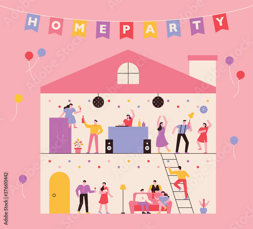 People enjoying a home party inside the house frame. flat design style minimal vector illustration.
