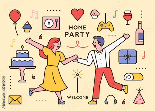 Home party. Dancing couples and party icons set. flat design style minimal vector illustration.