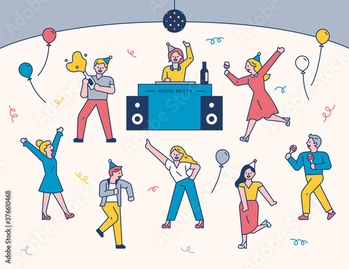 People dancing with the DJ on the stage. flat design style minimal vector illustration.