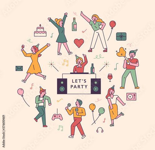 DJ and the people who stand in a circle around him and enjoy a party. flat design style minimal vector illustration.