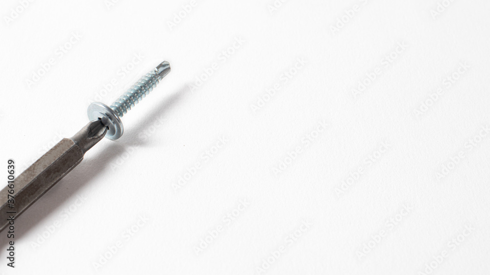 Self-cutters and screwdriver on a white background with space for text. Screw with thread - fasteners for construction, tools and accessories repair Self-cutters and screwdriver on a white background with space for text. Screw with thread - fasteners for construction, tools and accessories repair
